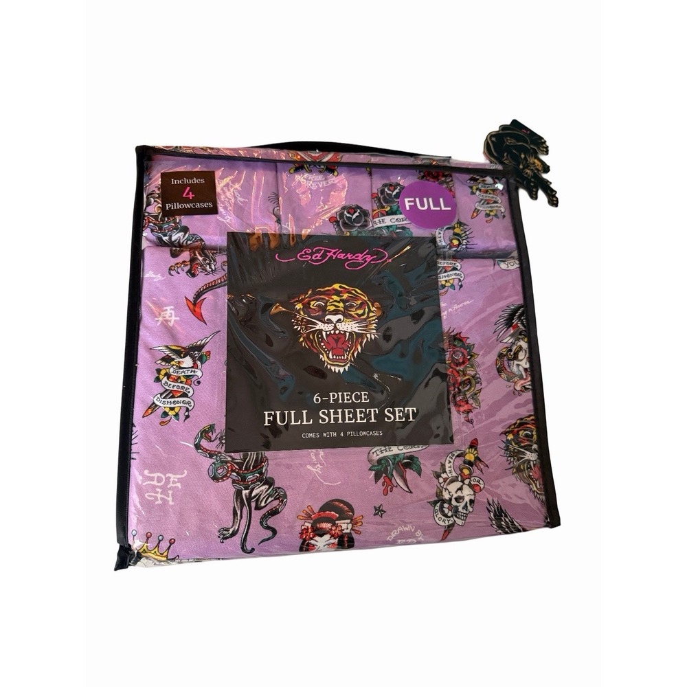 Ed Hardy 6-Piece Full Size Sheet Set Purple Dragon Tiger Print New